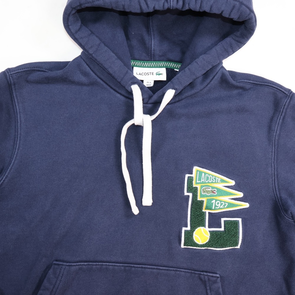 Lacoste Mens Navy Blue Tennis Varsity Graphic Hoodie Sweatshirt Small